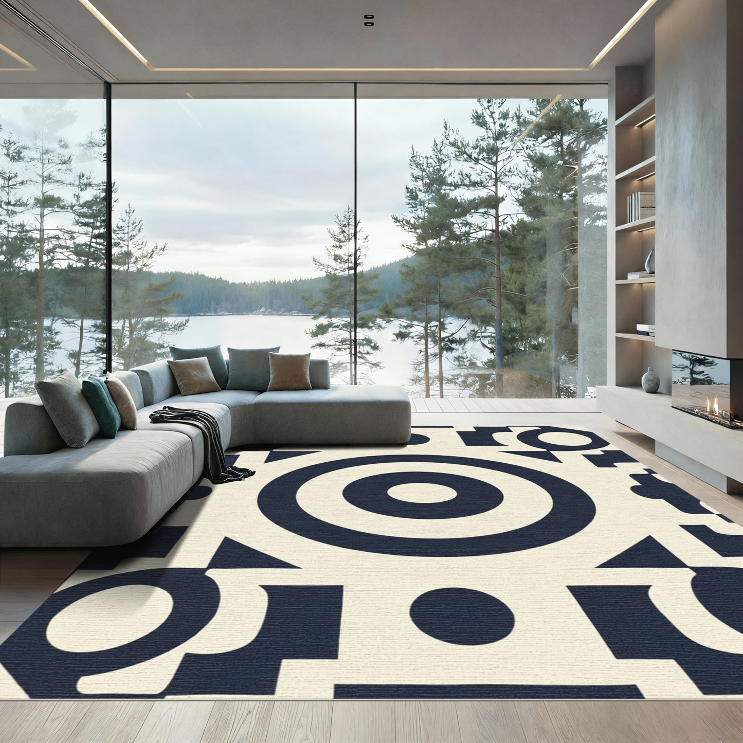 Cream Navy Geometric Concentric Circle Rug