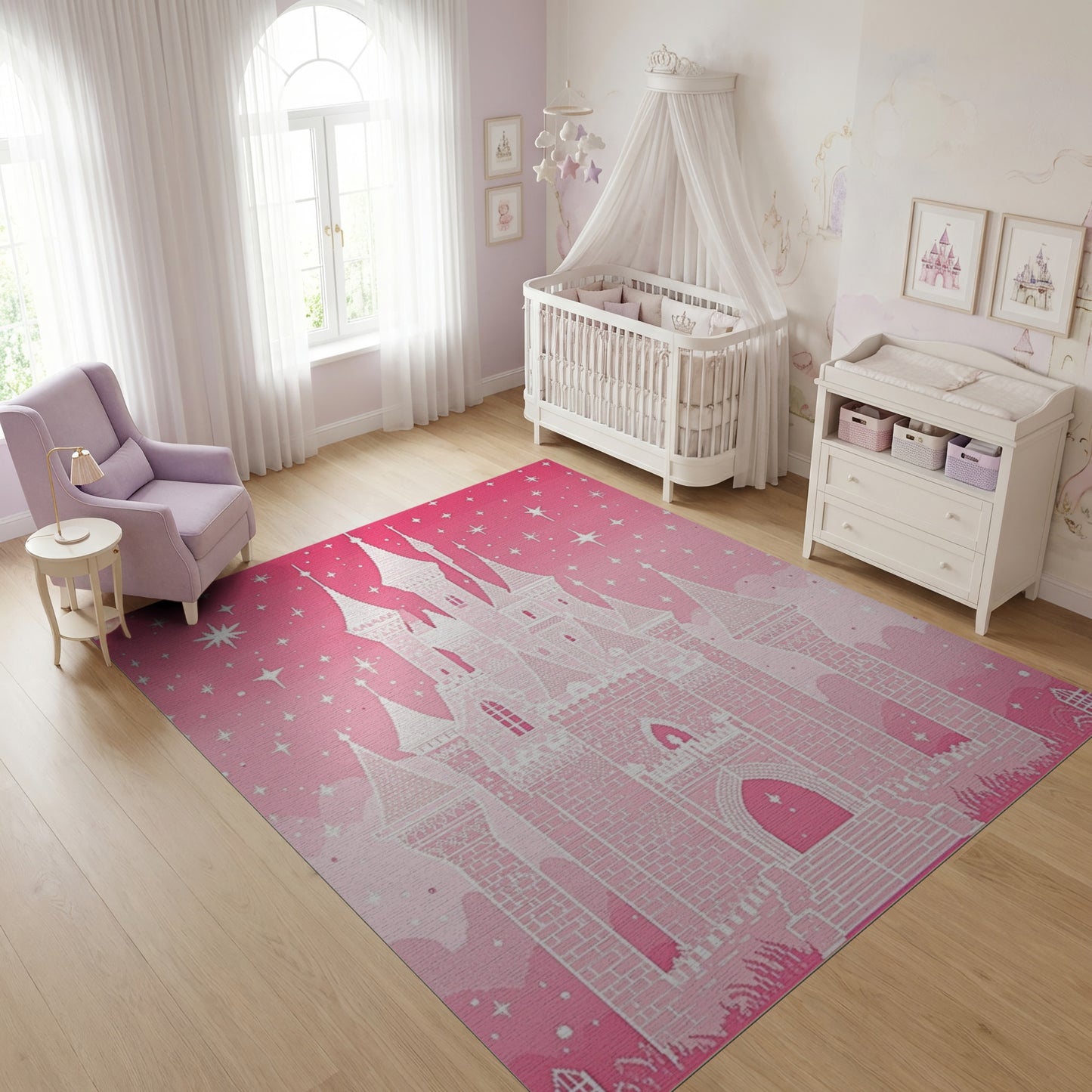 Pink Fairy Castle Stars Sparkles Rug