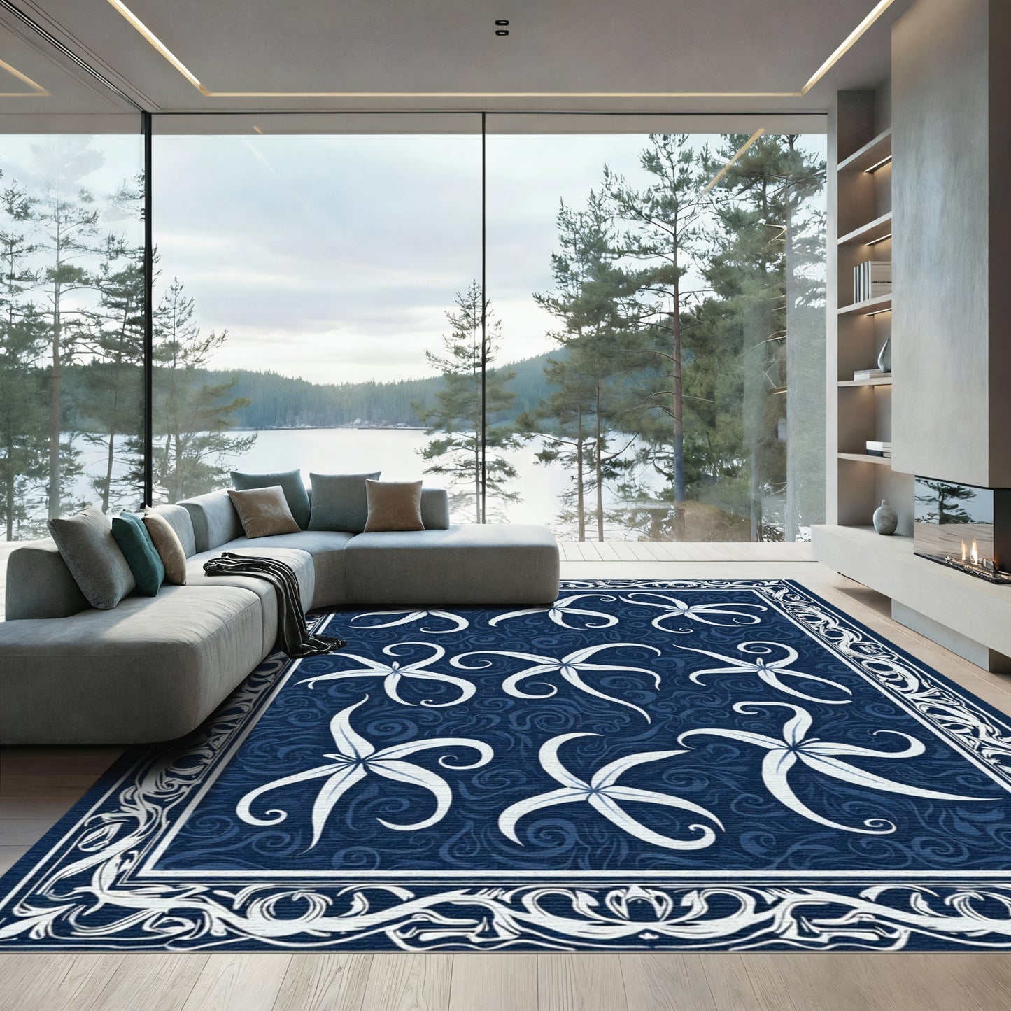 Naval White Starbursts Swirls Border Rug