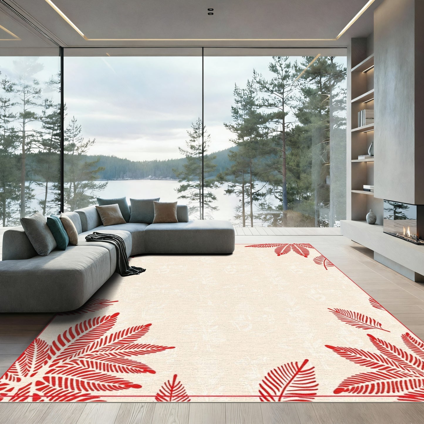 Crimson Fern Border Cream Background Rug