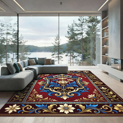 Crimson Gold Blue Floral Medallion Rug