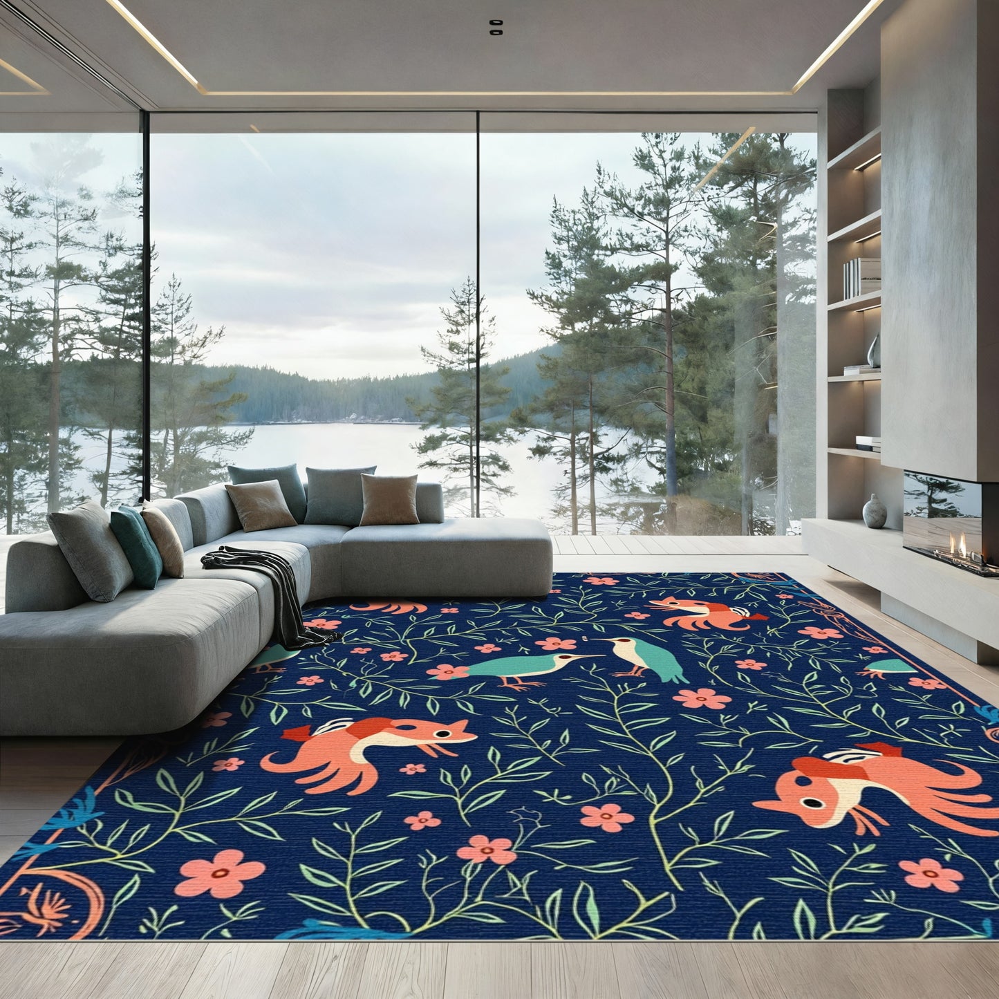 Whimsical Birds and Foxes Floral Garden Rug