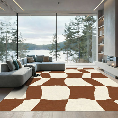 Brown Cream Wavy Checkered Squares Rug