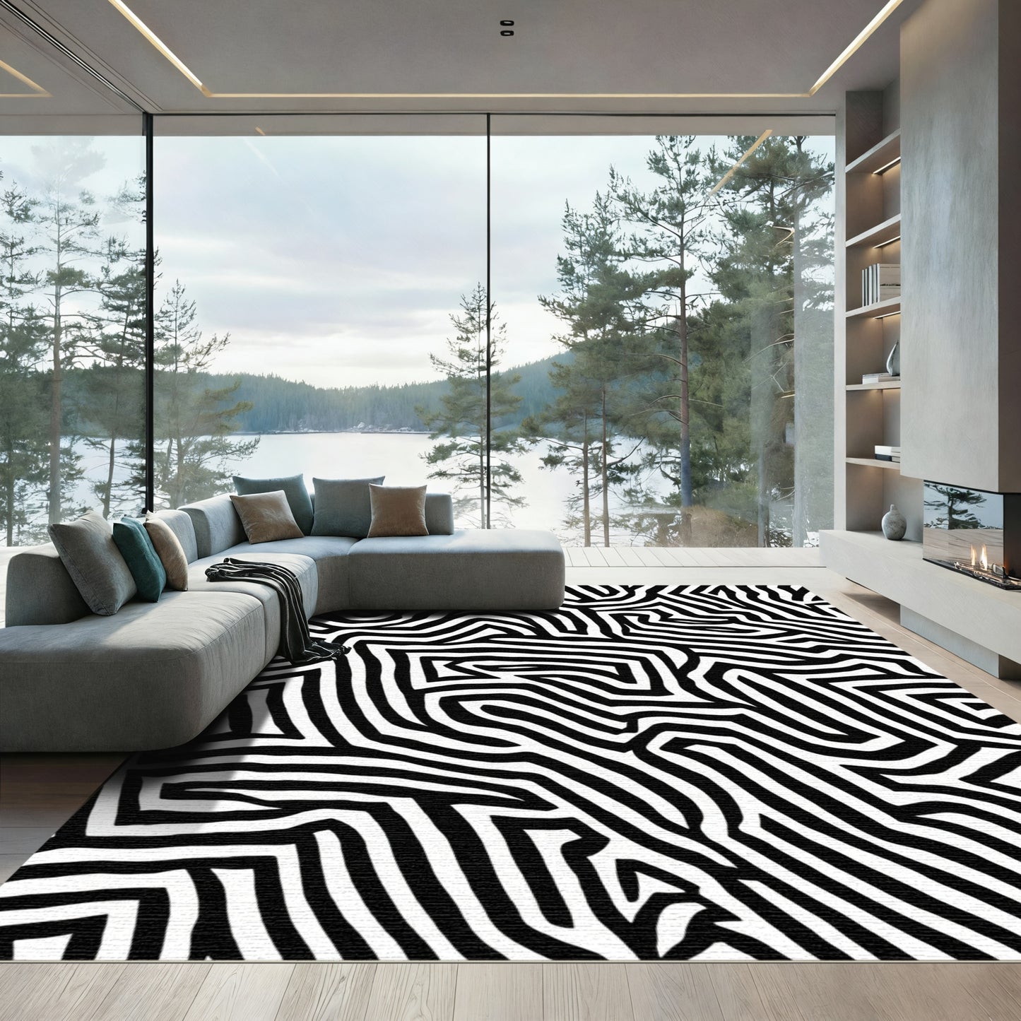 Bold Black White Labyrinth Lines Rug