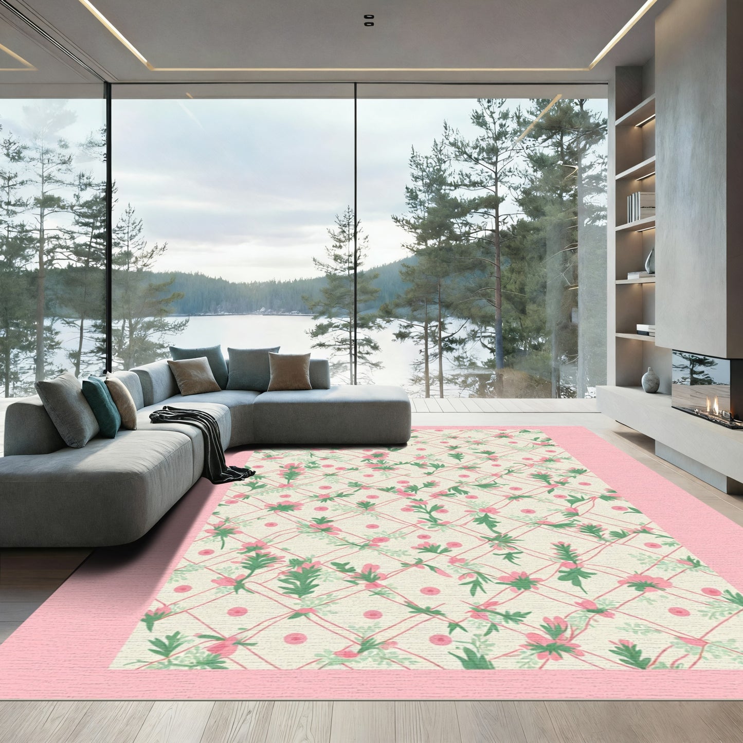 Delicate Pink Floral Lattice Rug