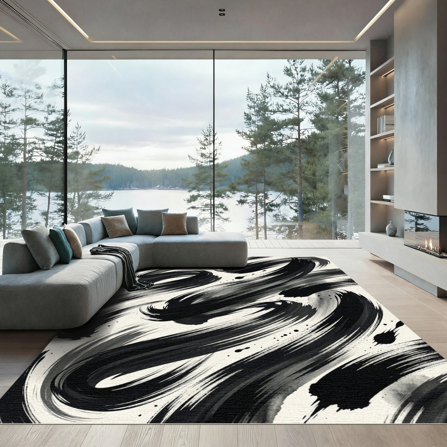 Monochromatic Ink Swirl Abstract Rug