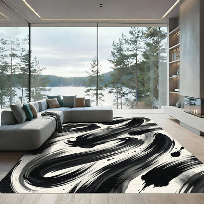 Monochromatic Ink Swirl Abstract Rug