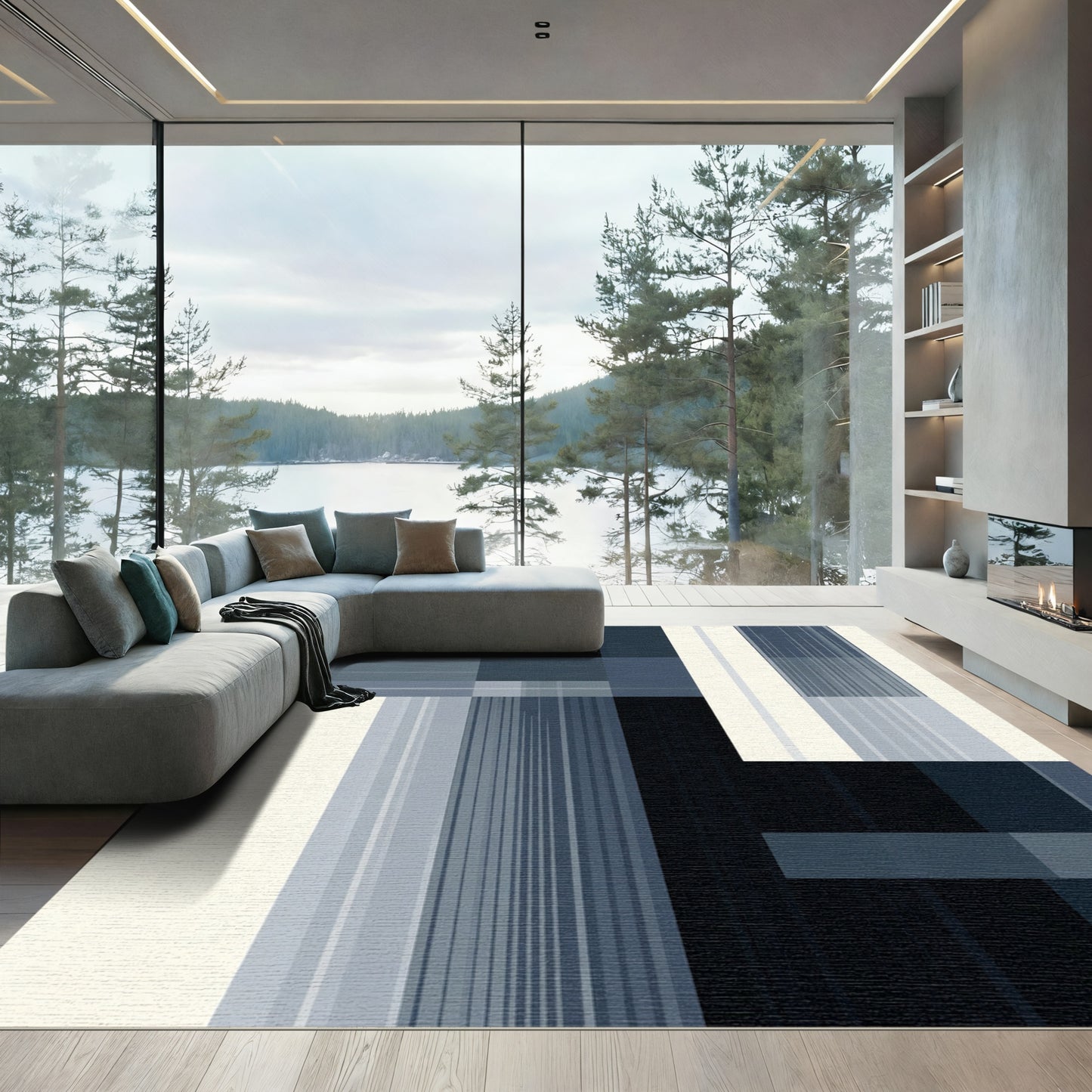 Abstract Blue Geometric Blocks and Lines Rug