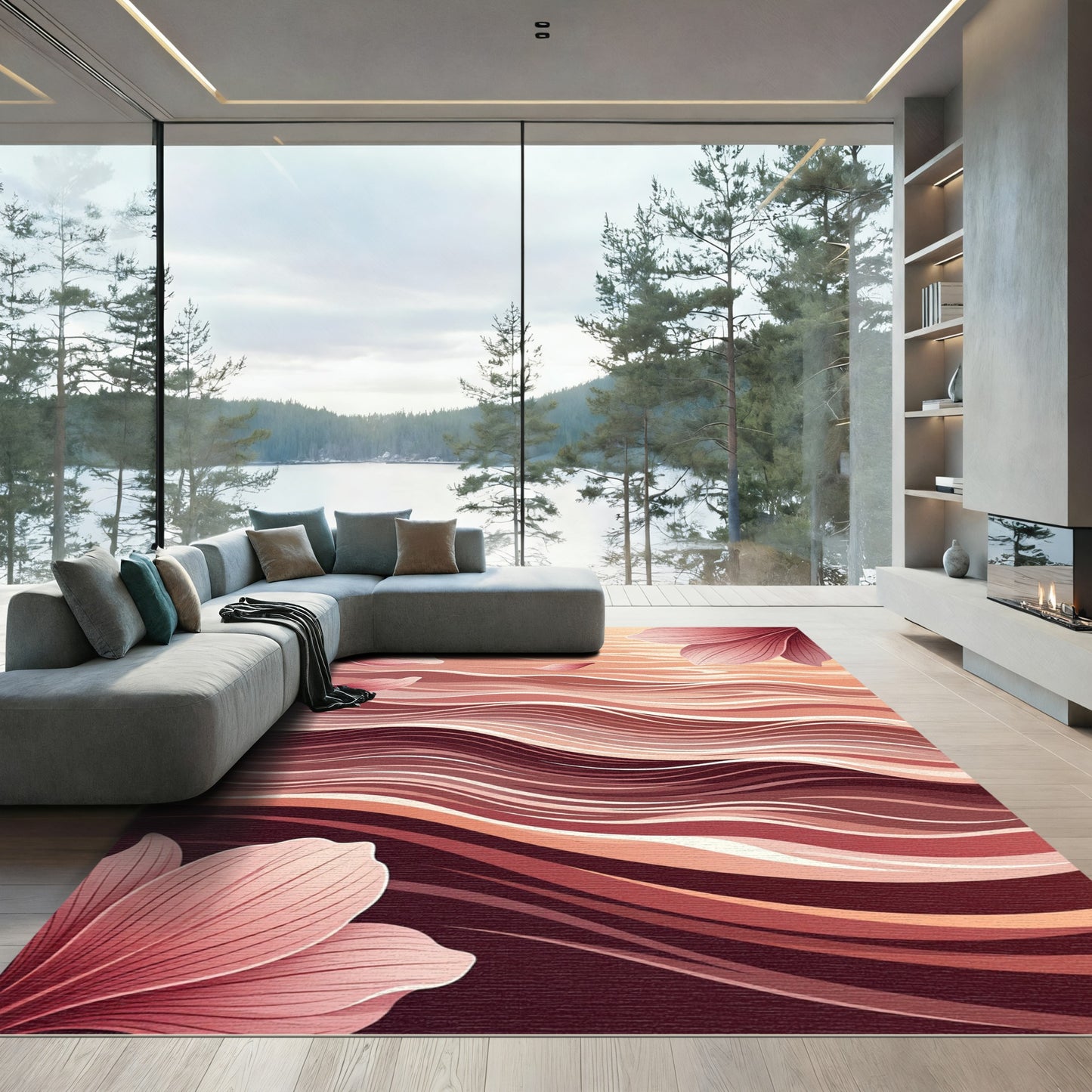 Coral Ombre Floral Wave Rug