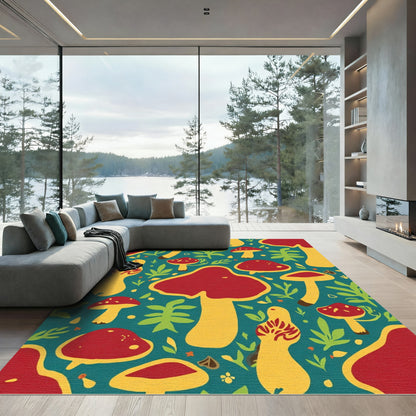 Red Yellow Mushroom Forest Pattern Rug