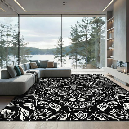 Monochromatic Black White Insect Floral Rug