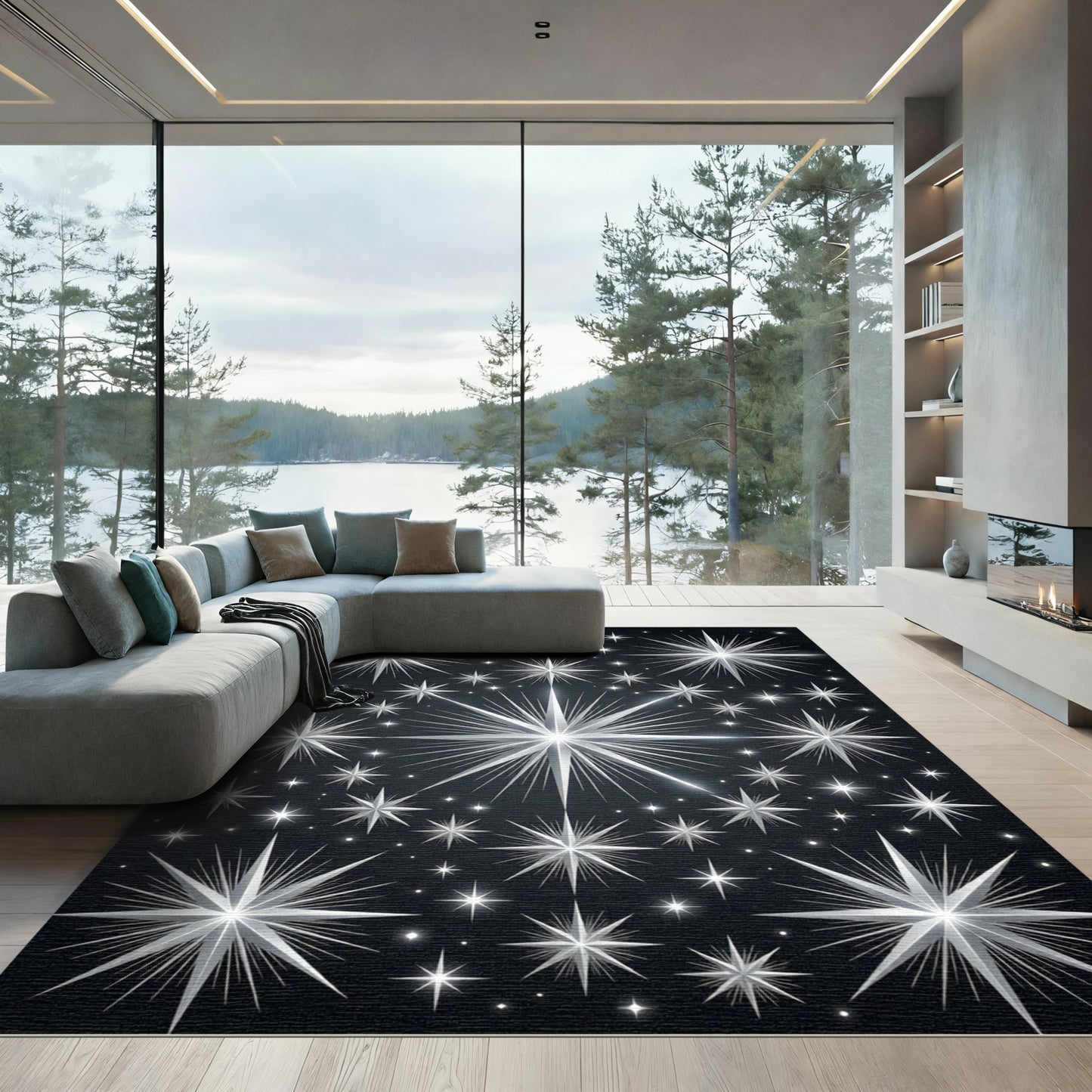 Celestial Silver Starry Midnight Sky Rug
