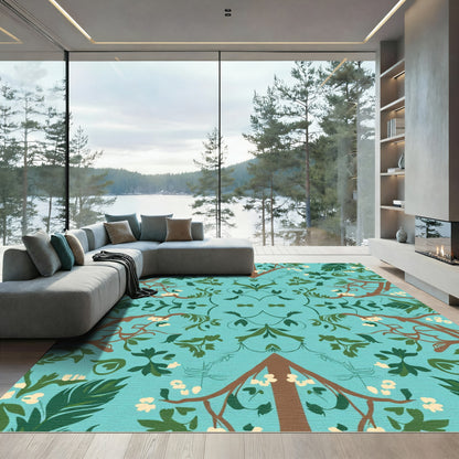Aqua Foliage Whimsical Branch Blossom Rug