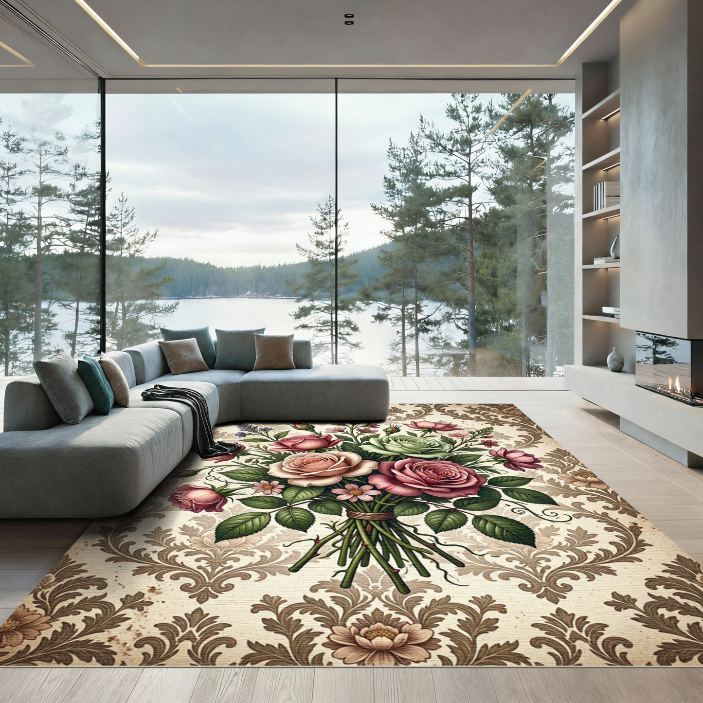 Vintage Romantic Rose Bouquet Damask Rug