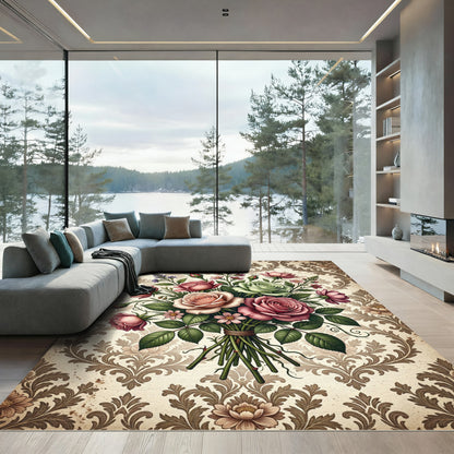 Vintage Romantic Rose Bouquet Damask Rug