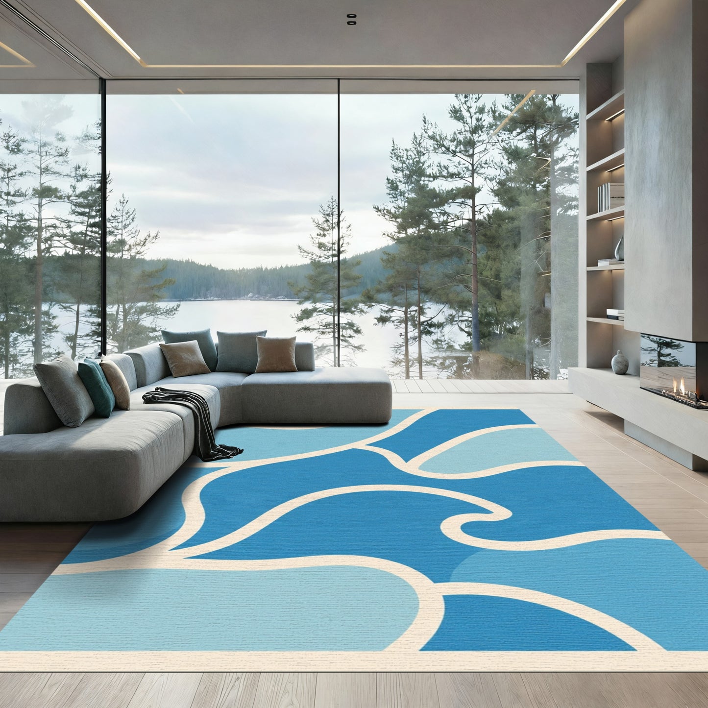 Aqua Ocean Waves Abstract Rug