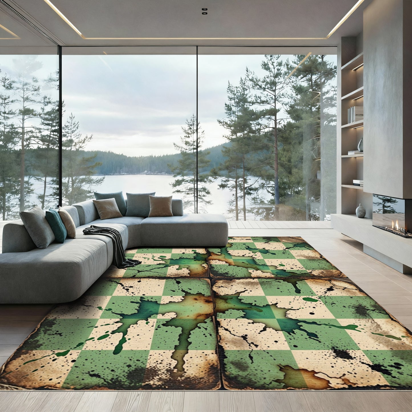 Distressed Sage Green Checkerboard Splatter Rug