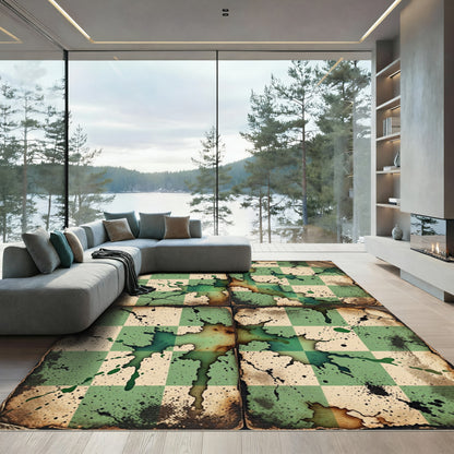 Distressed Sage Green Checkerboard Splatter Rug