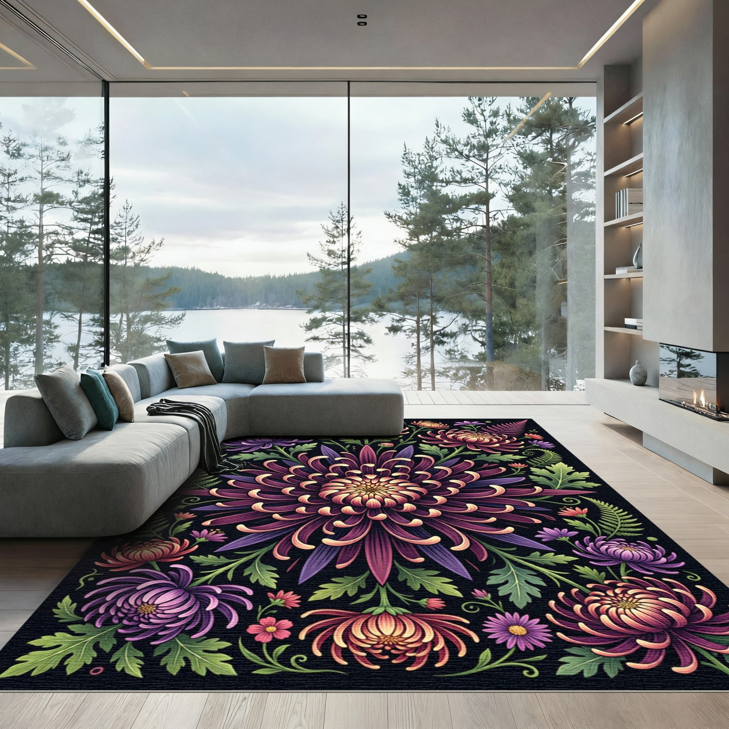 Ornate Dark Chrysanthemum Botanical Garden Rug