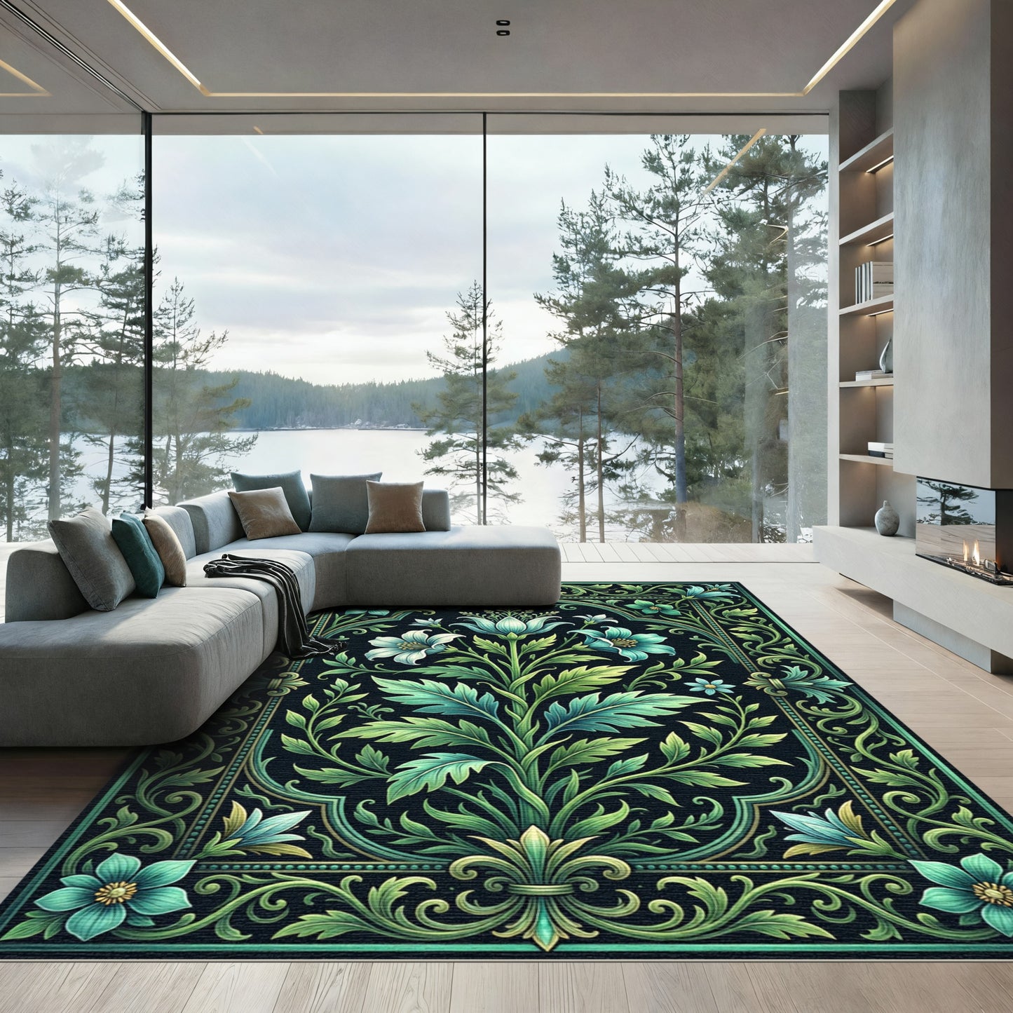 Emerald Green Floral Scrollwork Rug