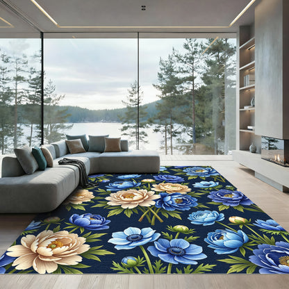Bold Blue Cream Peony Garden Rug