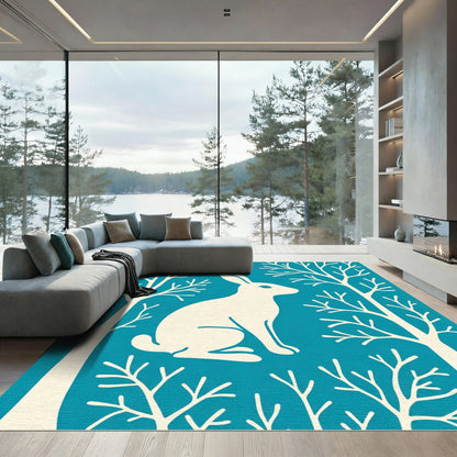 Blue Cream Rabbit Forest Scene Rug