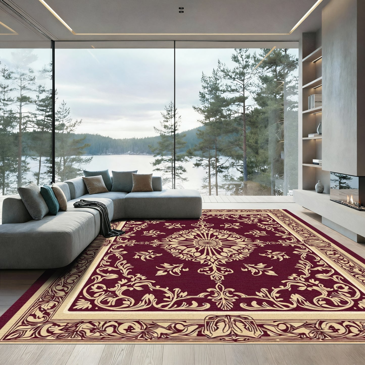 Crimson Gold Floral Medallion Border Rug