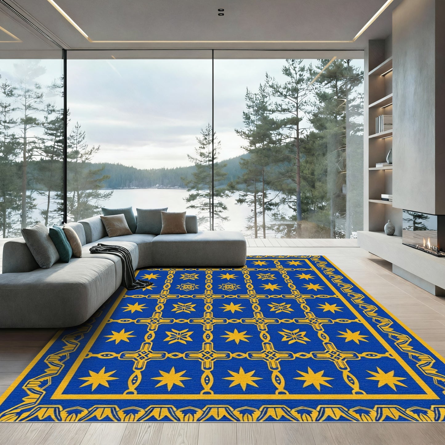 Royal Blue Gold Star Medallion Stripe Rug