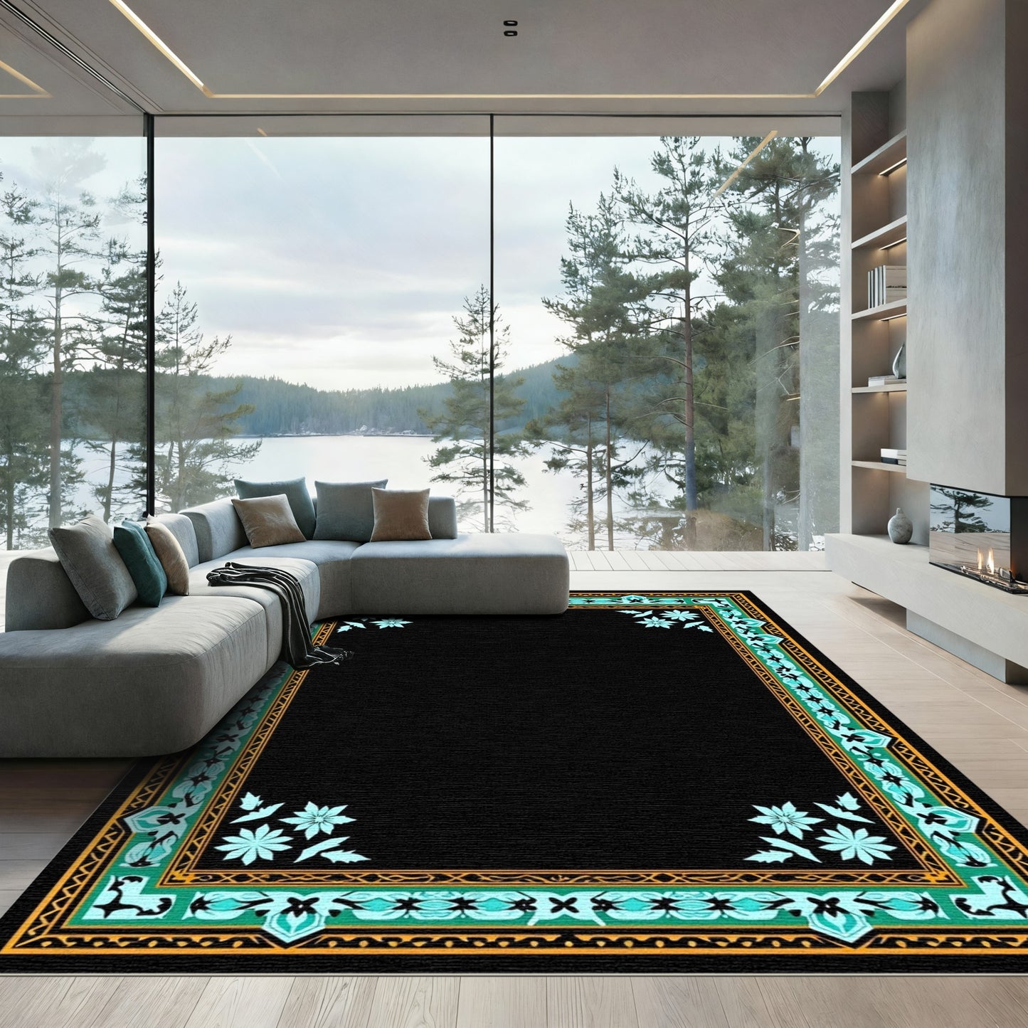 Turquoise And Gold Geometric Floral Frame Rug