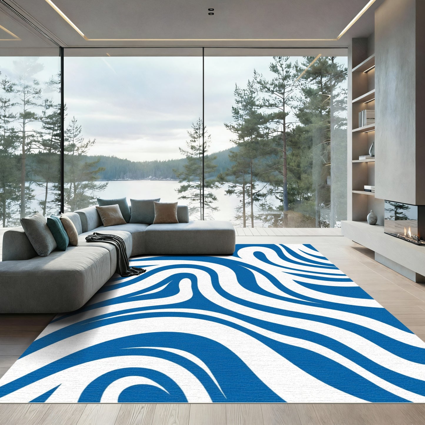 Vibrant Blue White Swirling Lines Rug