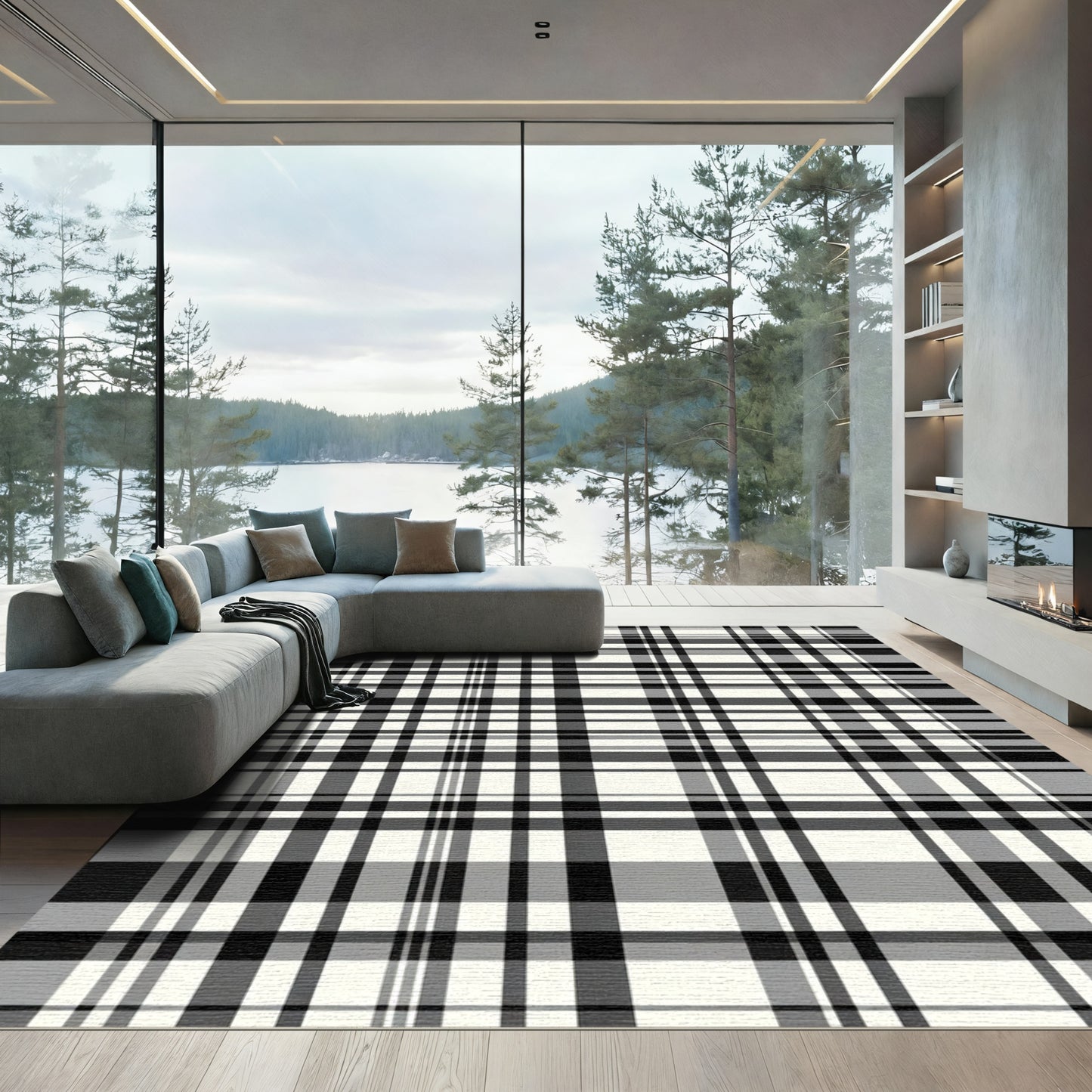 Classic Black White Plaid Lines Rug