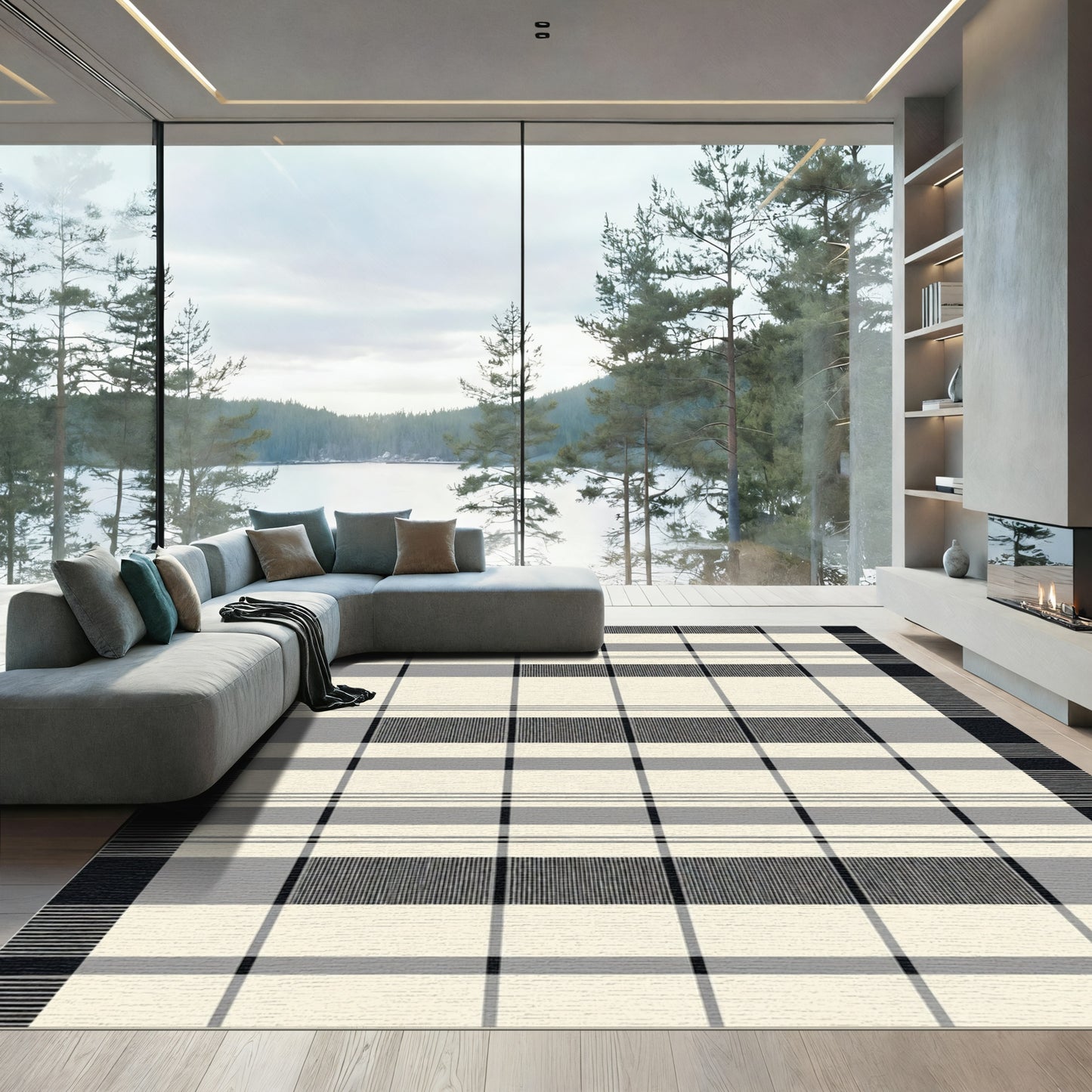 Classic Cream Black Plaid Blocks Rug