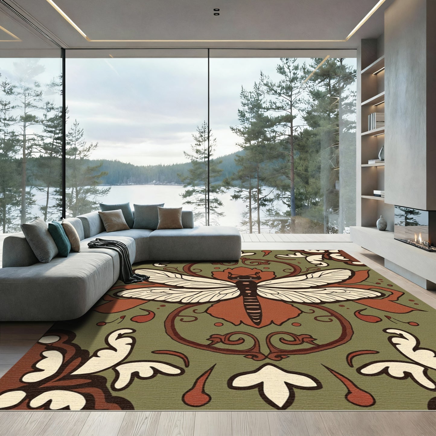 Earthy Dragonfly Floral Scroll Rug