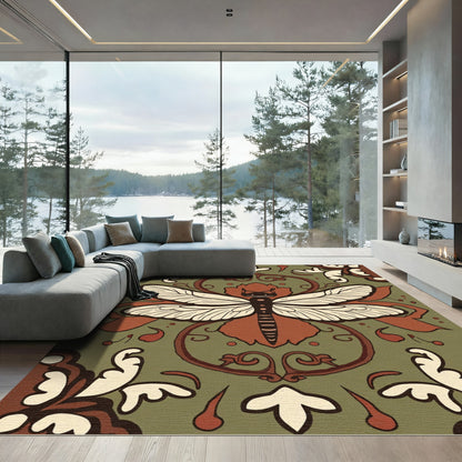 Earthy Dragonfly Floral Scroll Rug