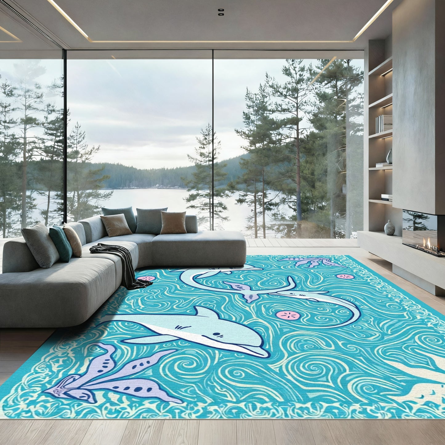 Playful Aqua Dolphins Swirling Ocean Life Rug