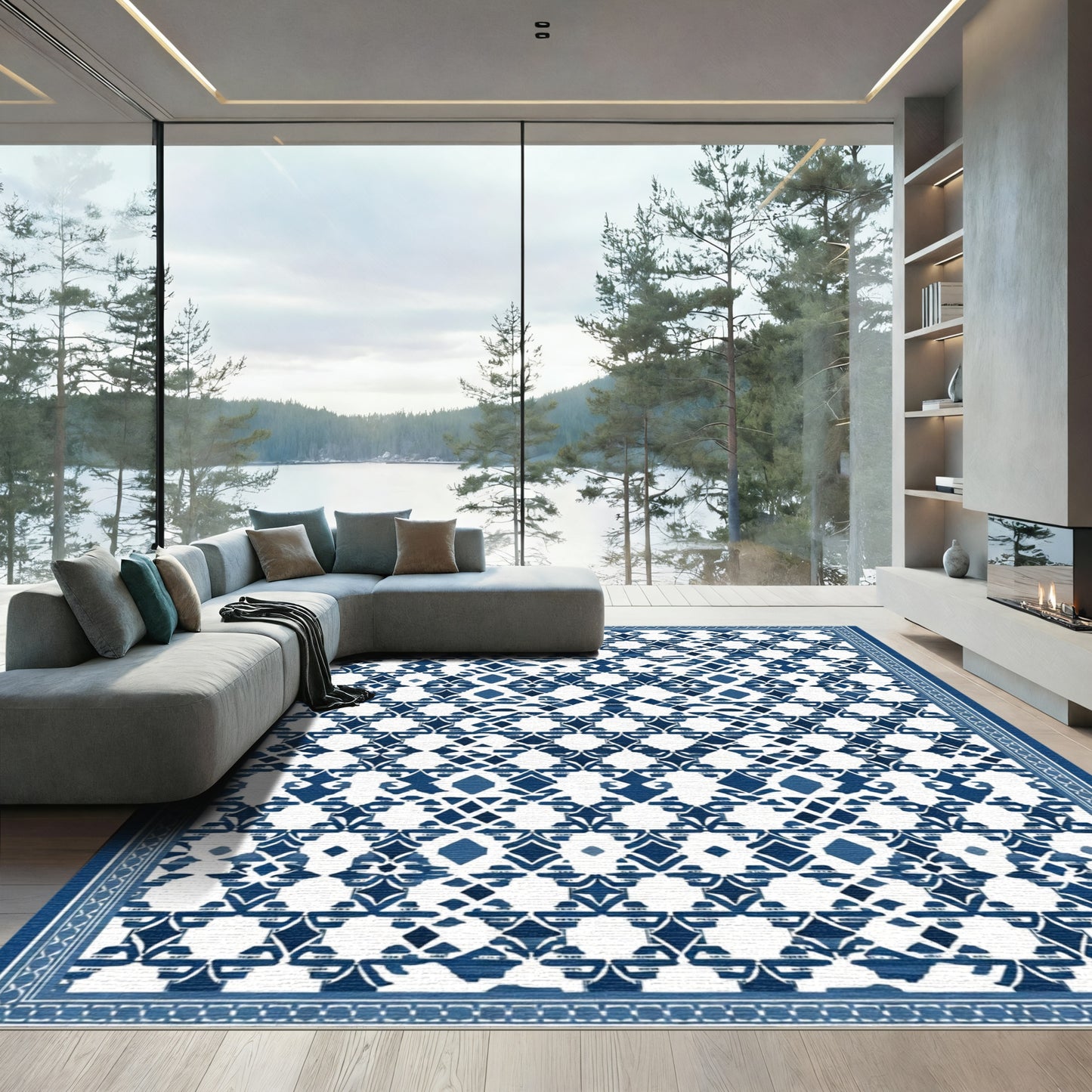 Indigo White Lattice Diamond Rug