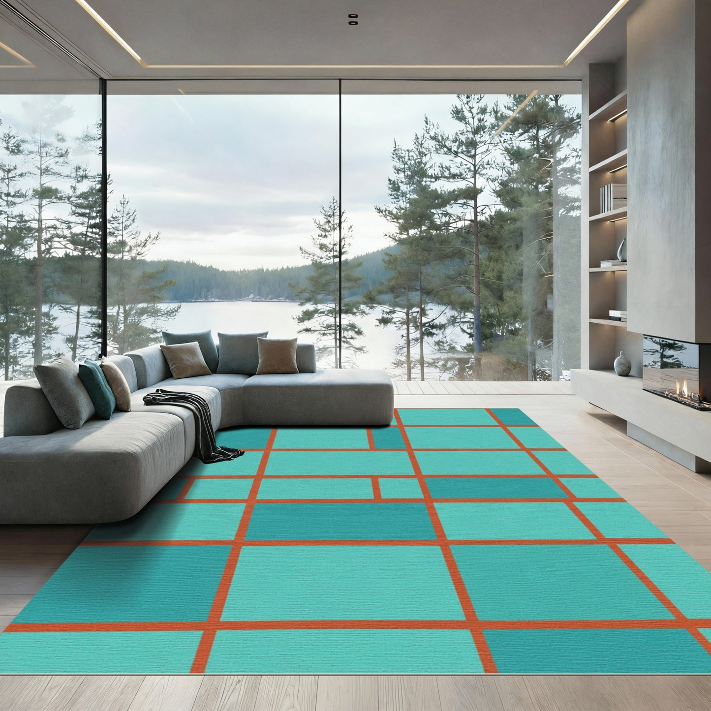 Teal Orange Geometric Blocks Composition Rug