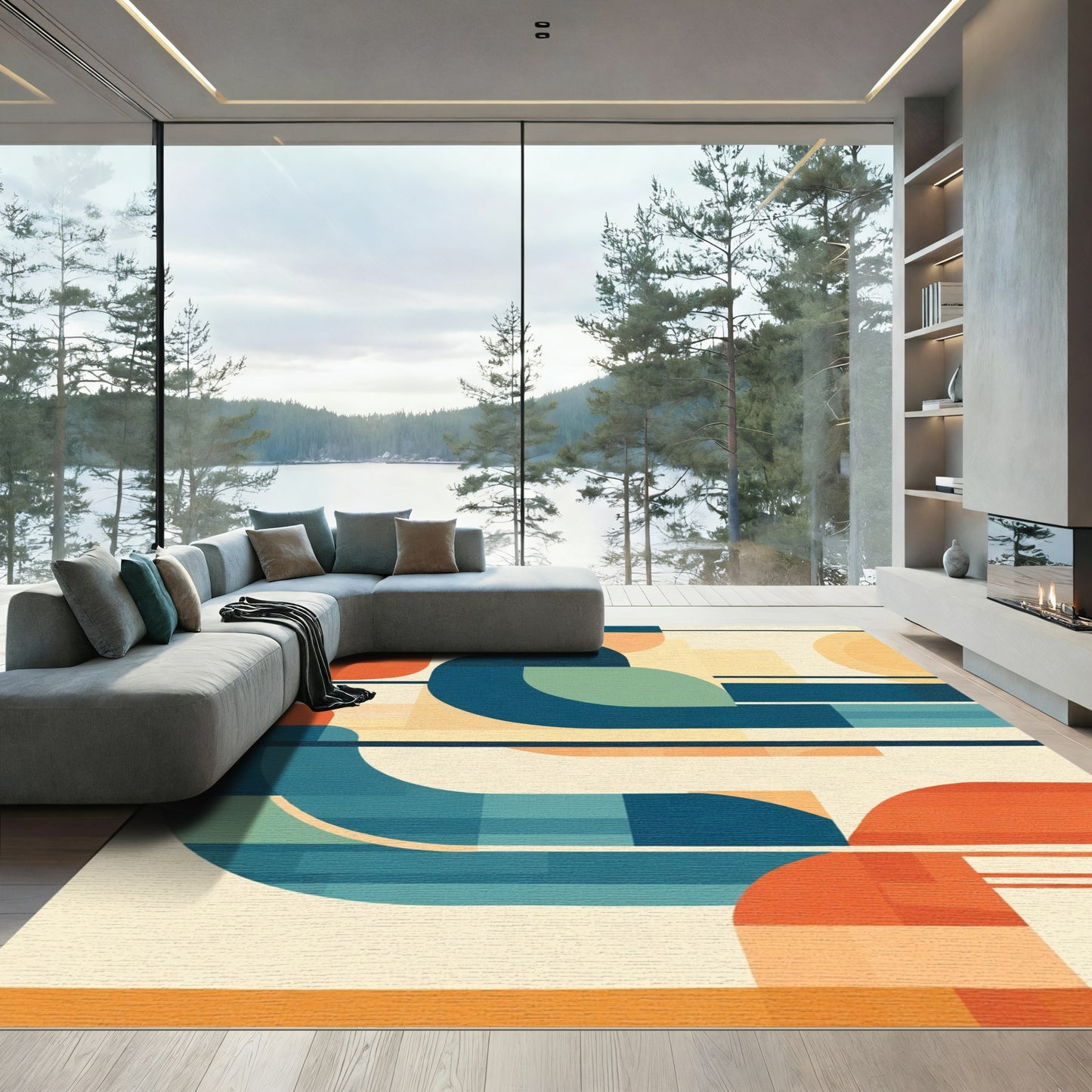 Modern Abstract Geometric Teal Orange Rug