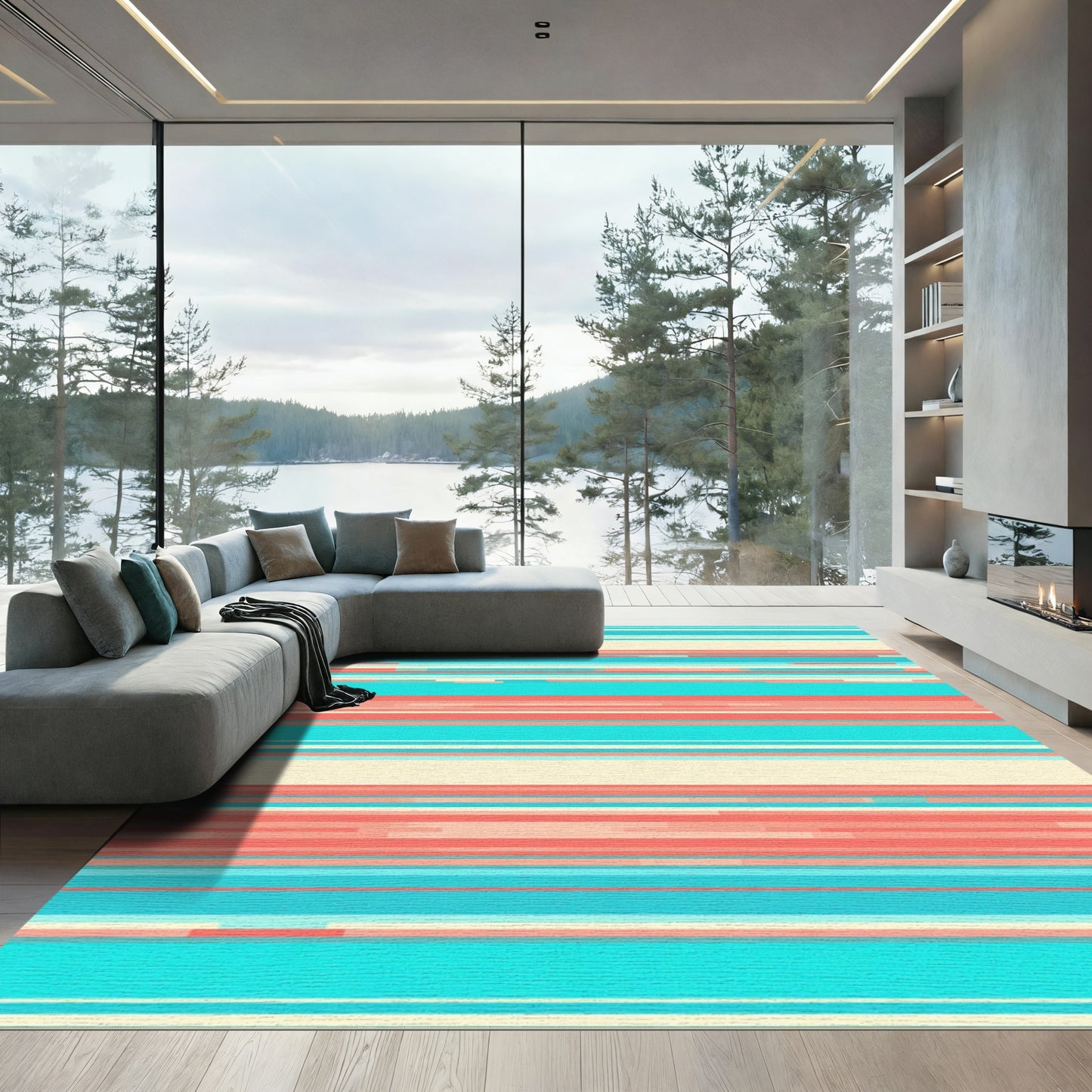 Coral Teal Cream Horizontal Stripe Rug