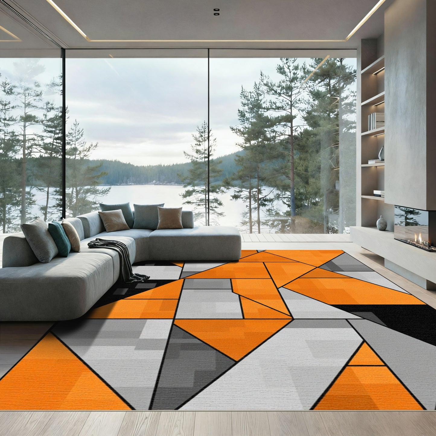 Modern Orange Black Geometric Fragments Rug