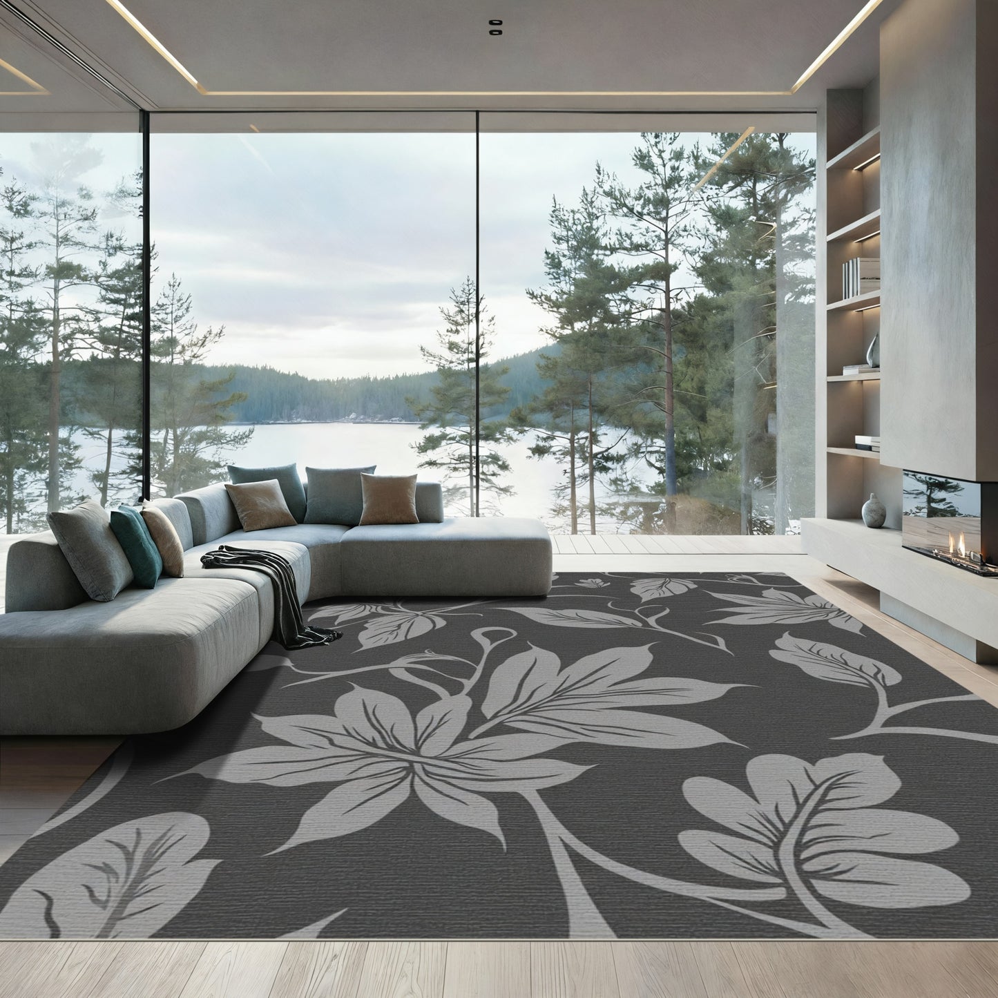 Charcoal Gray Floral Vine Rug