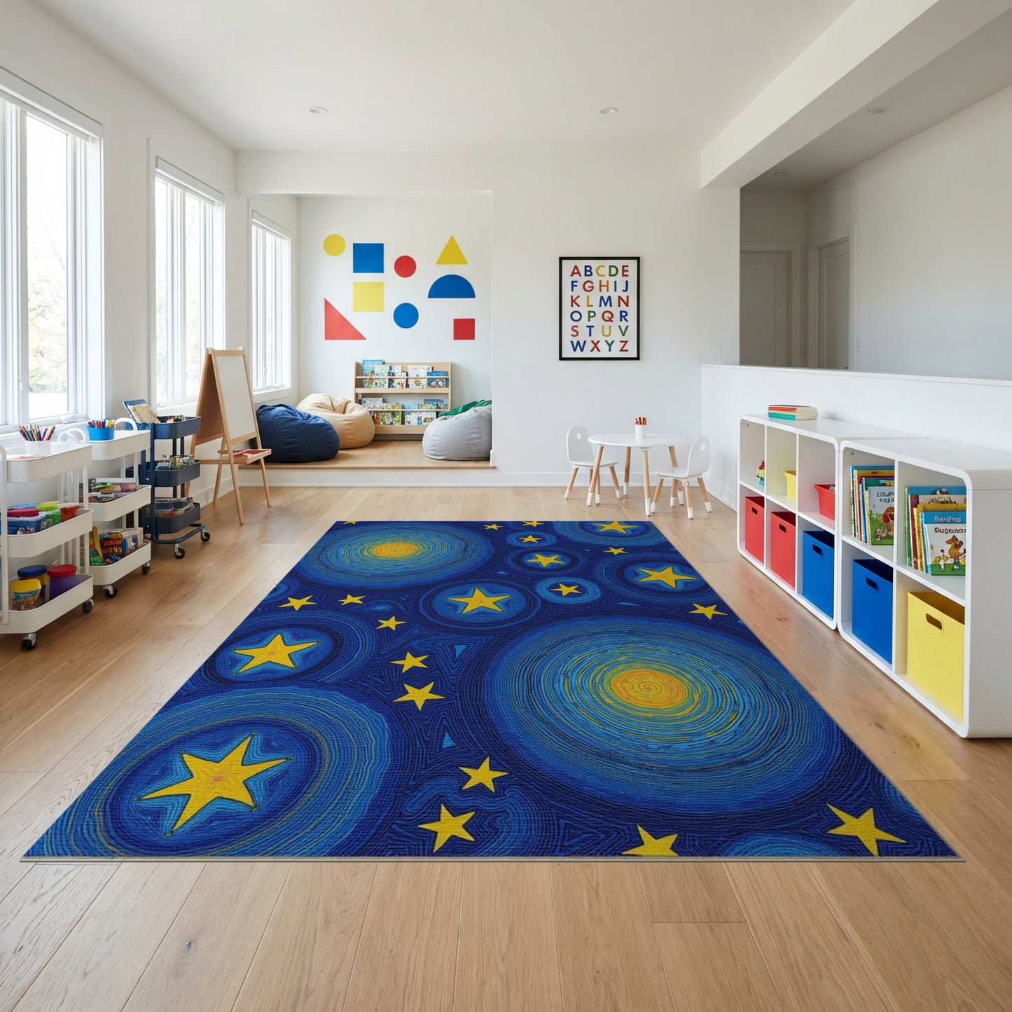 Navy Swirling Stars Yellow Spirals Rug