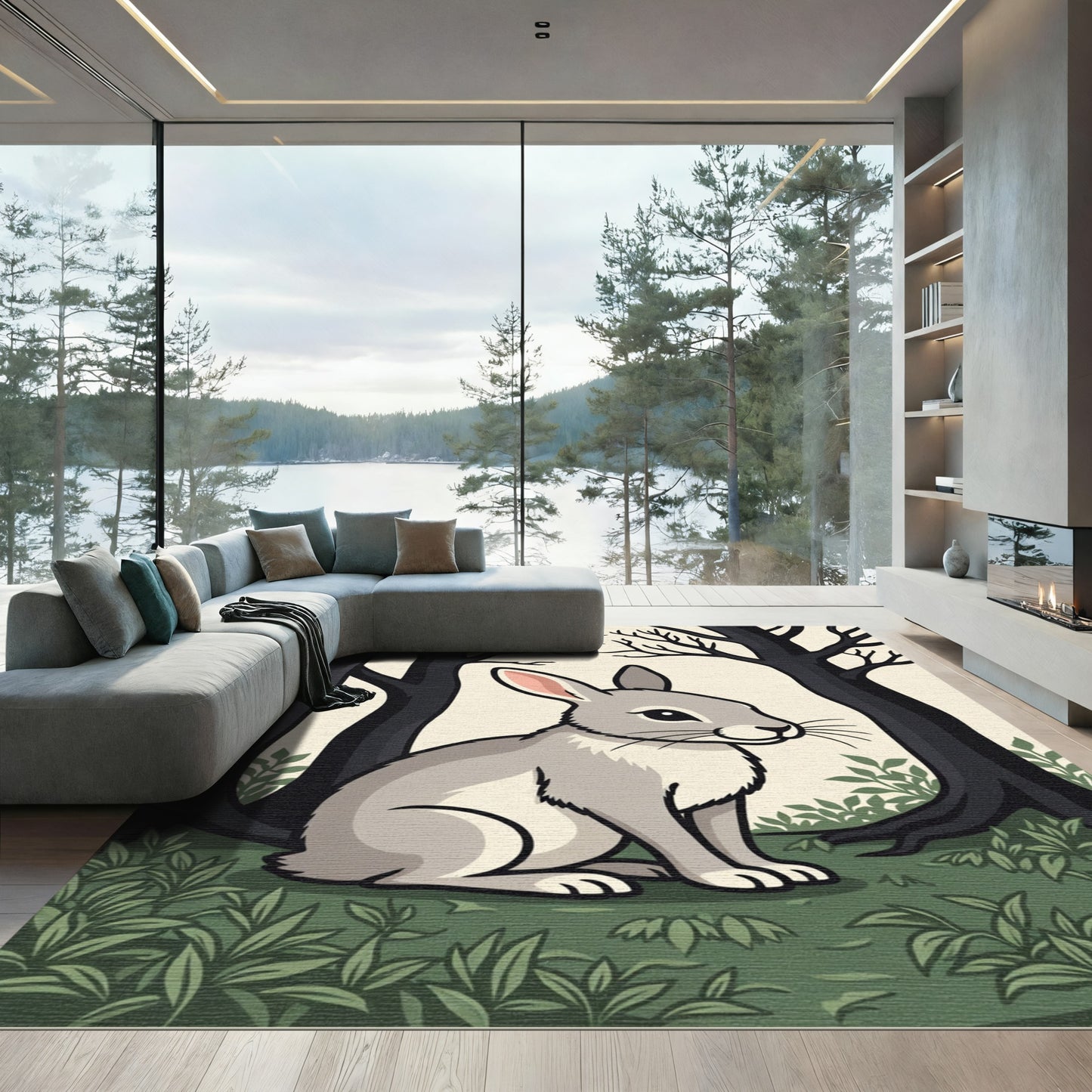 Gray Rabbit in Dark Forest Scene Rug