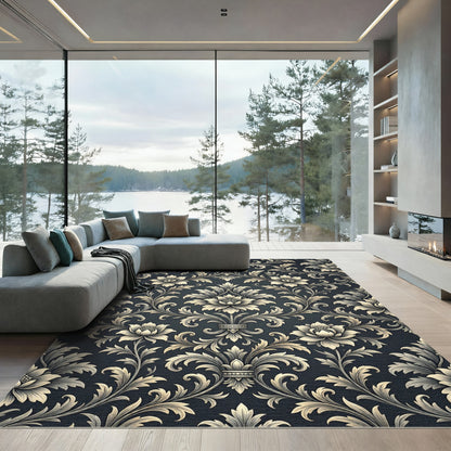 Elegant Charcoal Floral Damask Scroll Rug