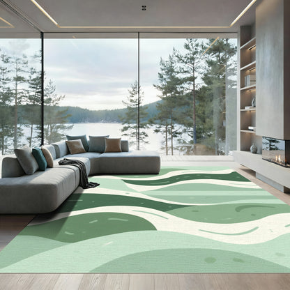 Green and Cream Wave Landscape Rug