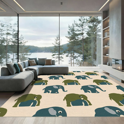 Teal Olive Elephant Repeating Pattern Rug