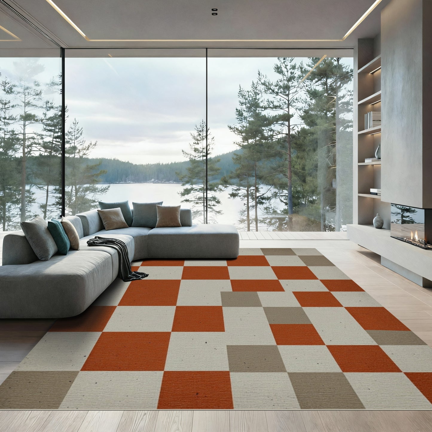 Modern Burnt Orange and Gray Grid Rug