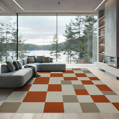 Modern Burnt Orange and Gray Grid Rug