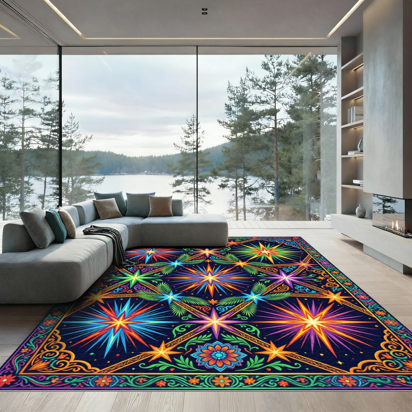 Vibrant Neon Celestial Starry Folk Art Rug