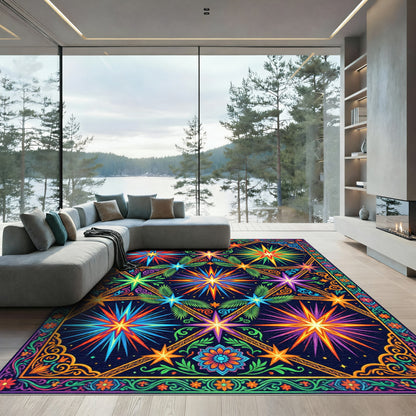 Vibrant Neon Celestial Starry Folk Art Rug